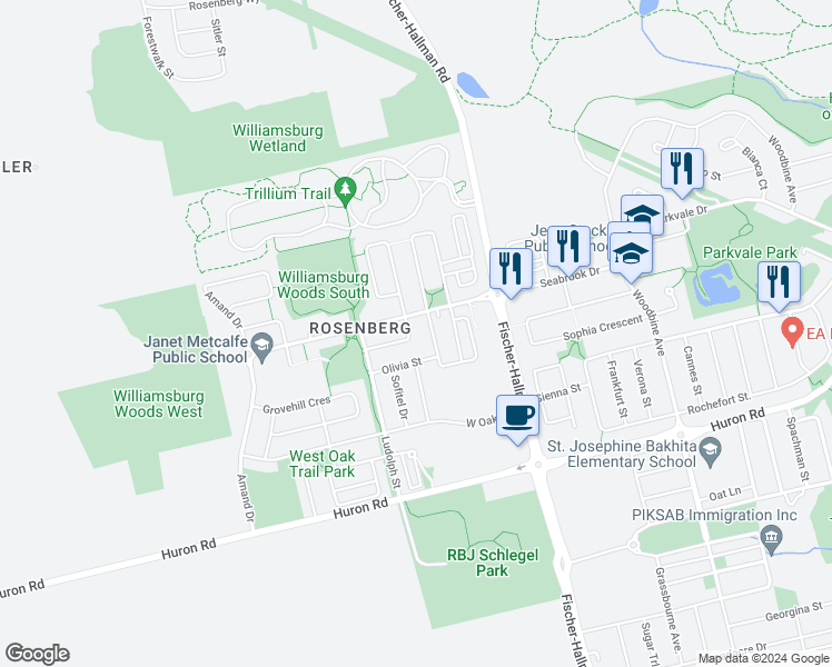 map of restaurants, bars, coffee shops, grocery stores, and more near 213 Pineglen Crescent in Kitchener
