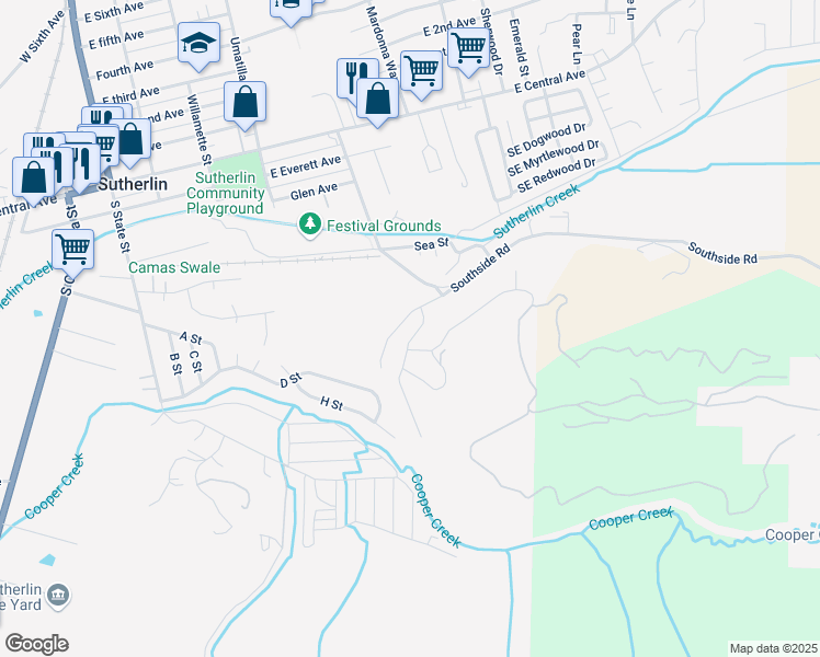 map of restaurants, bars, coffee shops, grocery stores, and more near 835 Forest Heights Street in Sutherlin
