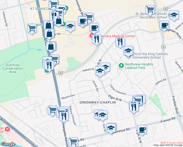 map of restaurants, bars, coffee shops, grocery stores, and more near 20 Heathwood Court in Cambridge