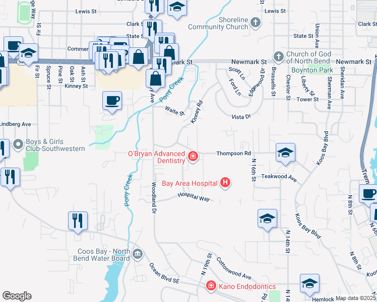 map of restaurants, bars, coffee shops, grocery stores, and more near 3784 Pacific Street in North Bend