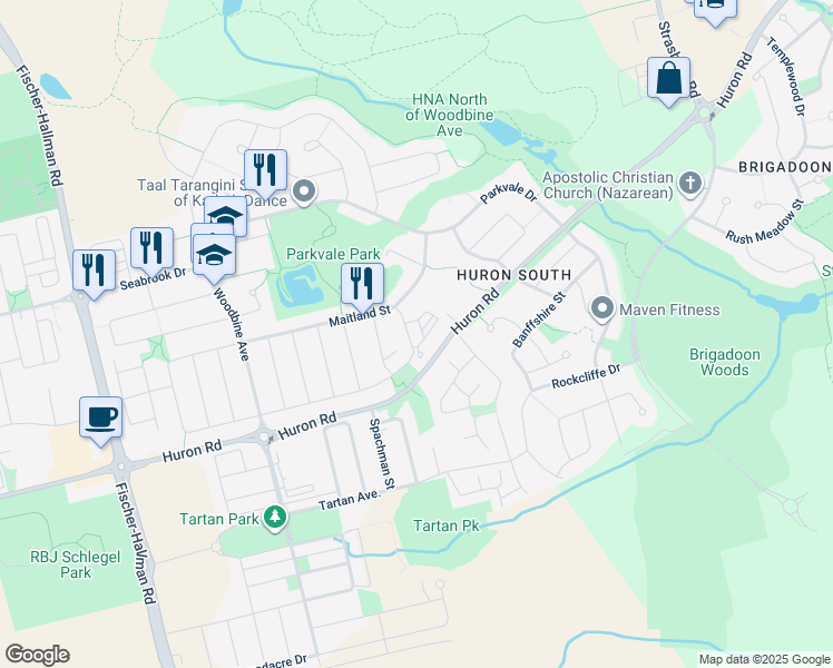 map of restaurants, bars, coffee shops, grocery stores, and more near in Kitchener