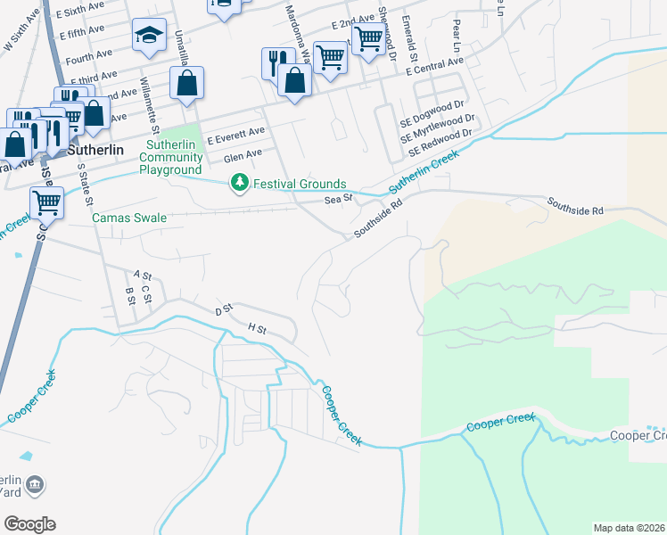 map of restaurants, bars, coffee shops, grocery stores, and more near 832 Forest Heights Street in Sutherlin
