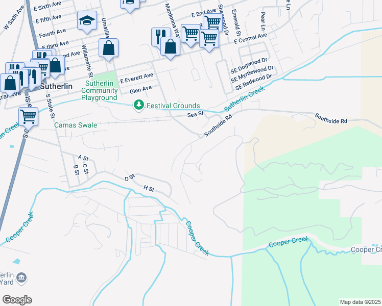 map of restaurants, bars, coffee shops, grocery stores, and more near 835 Forest Heights Street in Sutherlin