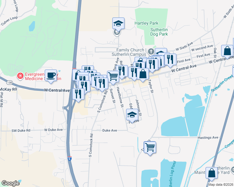 map of restaurants, bars, coffee shops, grocery stores, and more near 146 Hawthorne St in Sutherlin