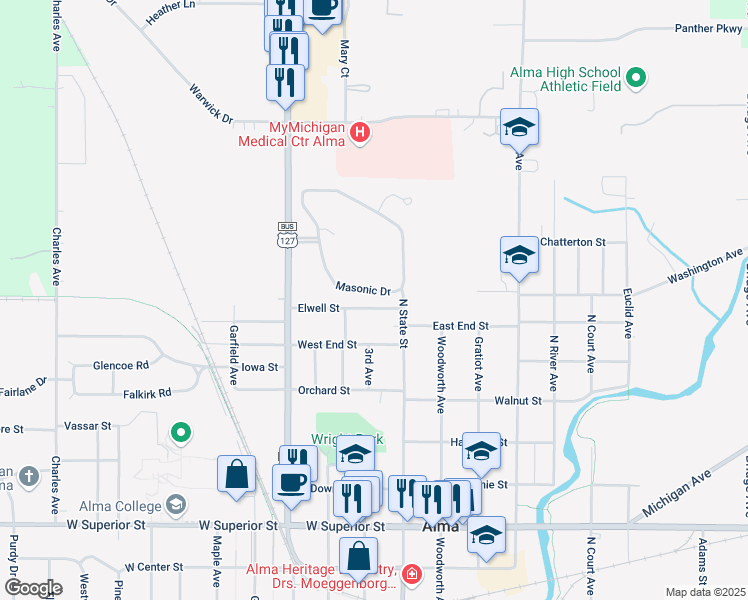 map of restaurants, bars, coffee shops, grocery stores, and more near 126 Elwell Street in Alma