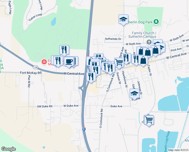 map of restaurants, bars, coffee shops, grocery stores, and more near 1484 West Central Avenue in Sutherlin