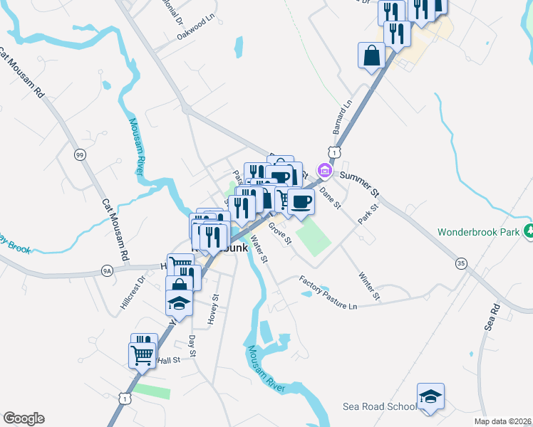 map of restaurants, bars, coffee shops, grocery stores, and more near 50 Main Street in Kennebunk