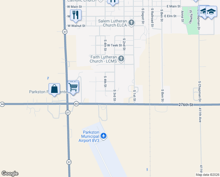 map of restaurants, bars, coffee shops, grocery stores, and more near 301 Redwood Street in Parkston