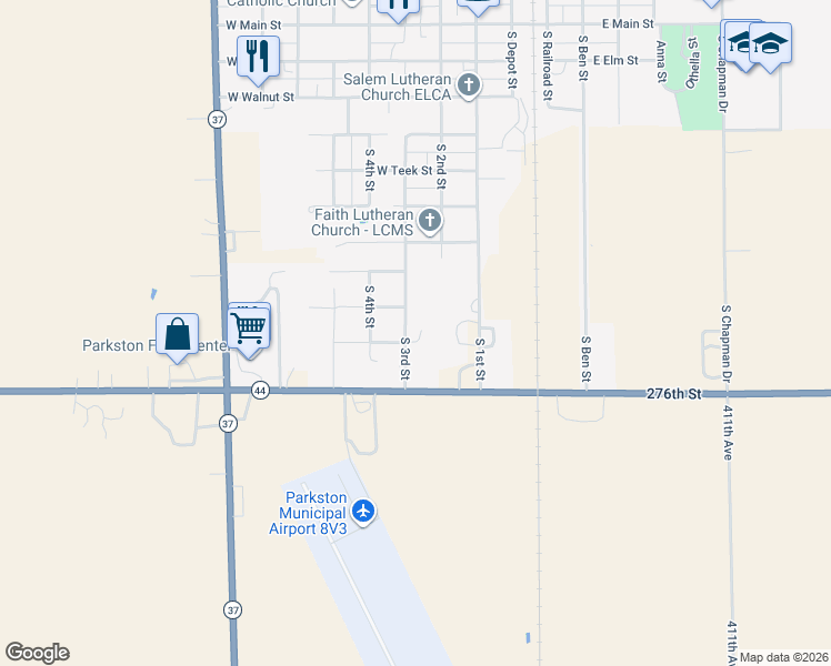 map of restaurants, bars, coffee shops, grocery stores, and more near 301-399 Redwood Street in Parkston