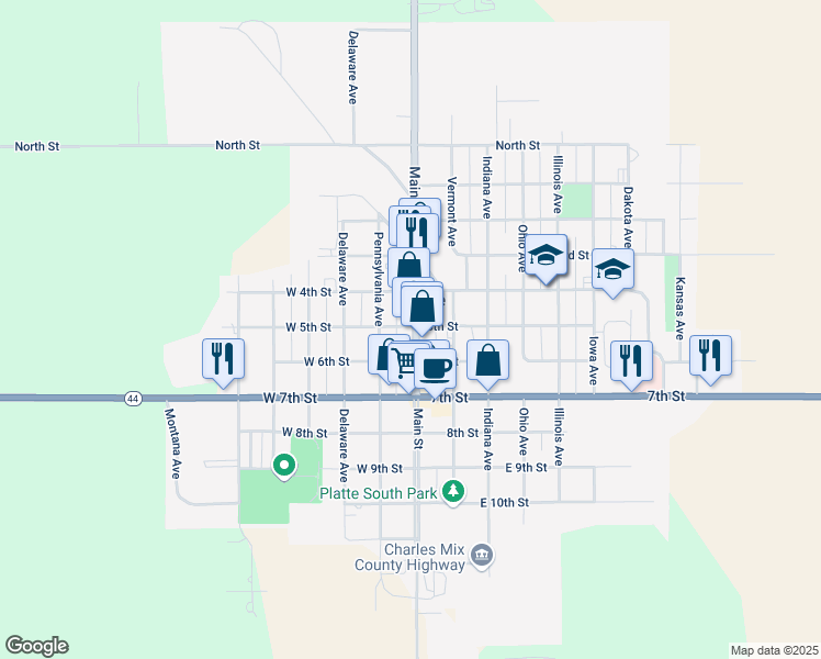 map of restaurants, bars, coffee shops, grocery stores, and more near 500 Main Street in Platte