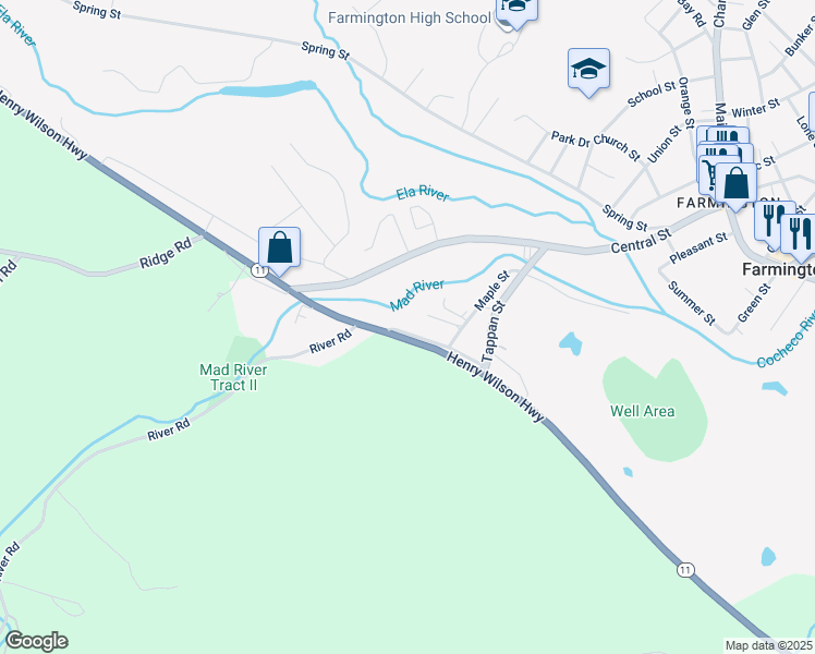 map of restaurants, bars, coffee shops, grocery stores, and more near 39 High Street in Farmington