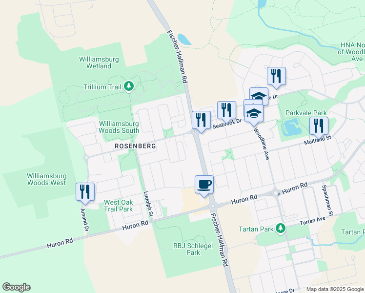 map of restaurants, bars, coffee shops, grocery stores, and more near 115 Glenvista Drive in Kitchener