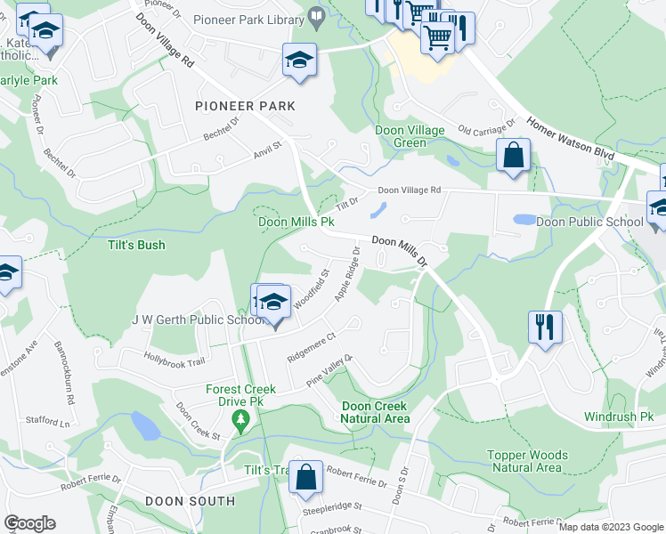 map of restaurants, bars, coffee shops, grocery stores, and more near 80 Woodfield Street in Kitchener