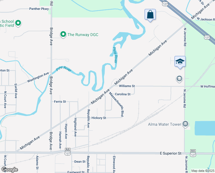 map of restaurants, bars, coffee shops, grocery stores, and more near 1421 Michigan Avenue in Alma