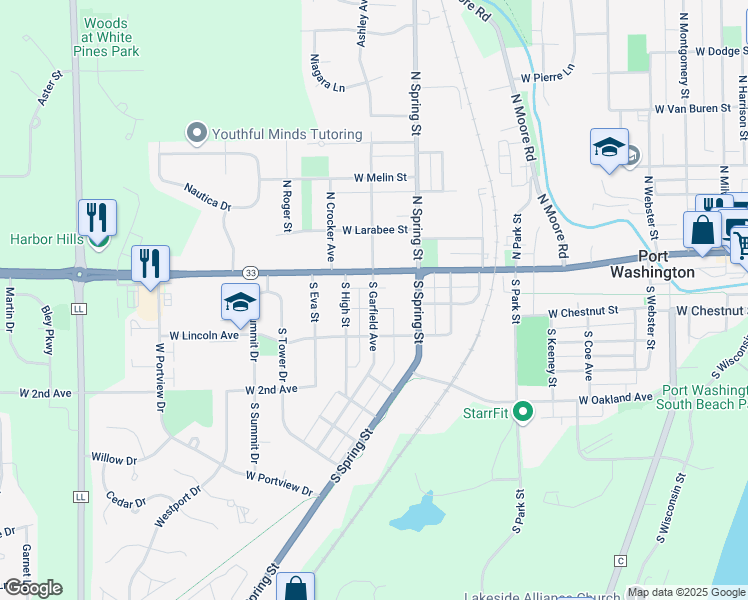 map of restaurants, bars, coffee shops, grocery stores, and more near 129 South Garfield Avenue in Port Washington
