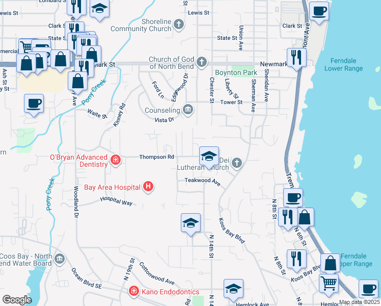 map of restaurants, bars, coffee shops, grocery stores, and more near 1510 Thompson Road in Coos Bay