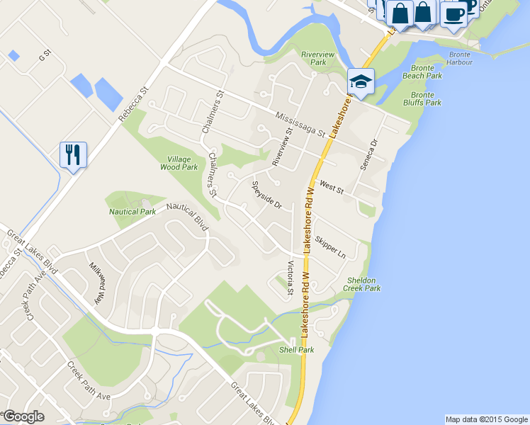 map of restaurants, bars, coffee shops, grocery stores, and more near 127 Willard Street in Oakville
