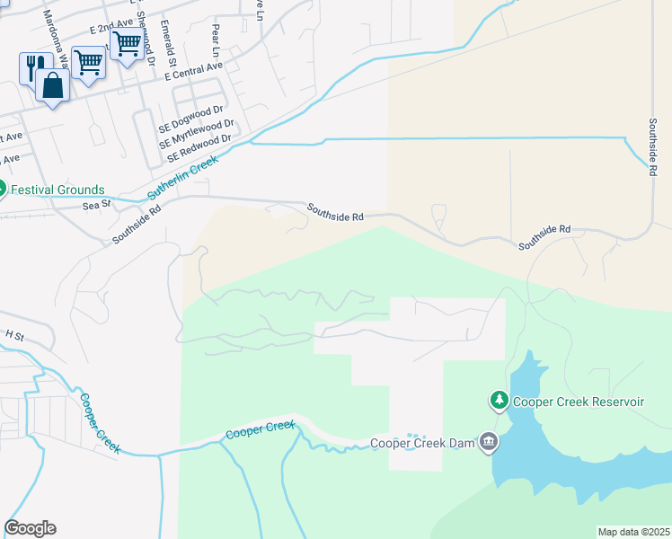 map of restaurants, bars, coffee shops, grocery stores, and more near 1614 Southside Road in Sutherlin