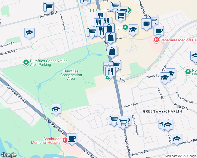map of restaurants, bars, coffee shops, grocery stores, and more near 256 Hespeler Road in Cambridge