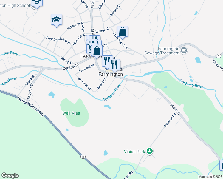 map of restaurants, bars, coffee shops, grocery stores, and more near 20 Water Street in Farmington