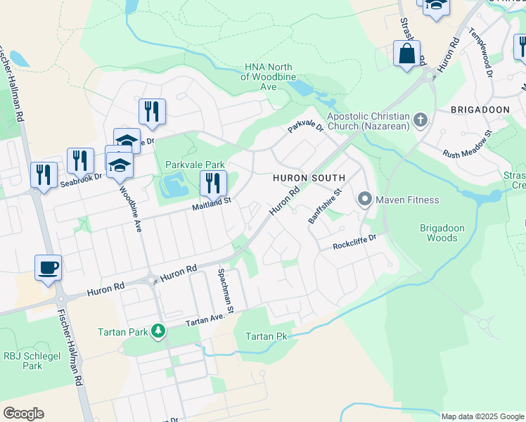 map of restaurants, bars, coffee shops, grocery stores, and more near 160 Rochefort Street in Kitchener