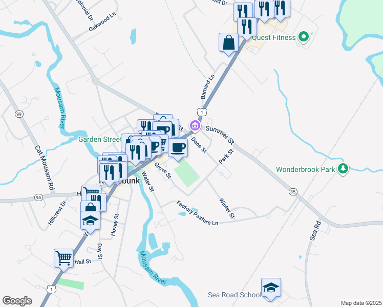 map of restaurants, bars, coffee shops, grocery stores, and more near 9 Dane Street in Kennebunk