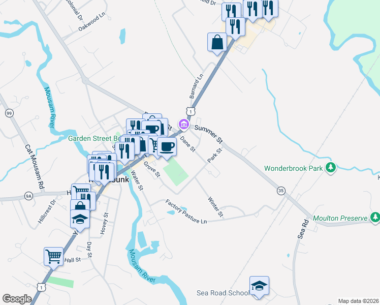 map of restaurants, bars, coffee shops, grocery stores, and more near 9 Dane Street in Kennebunk