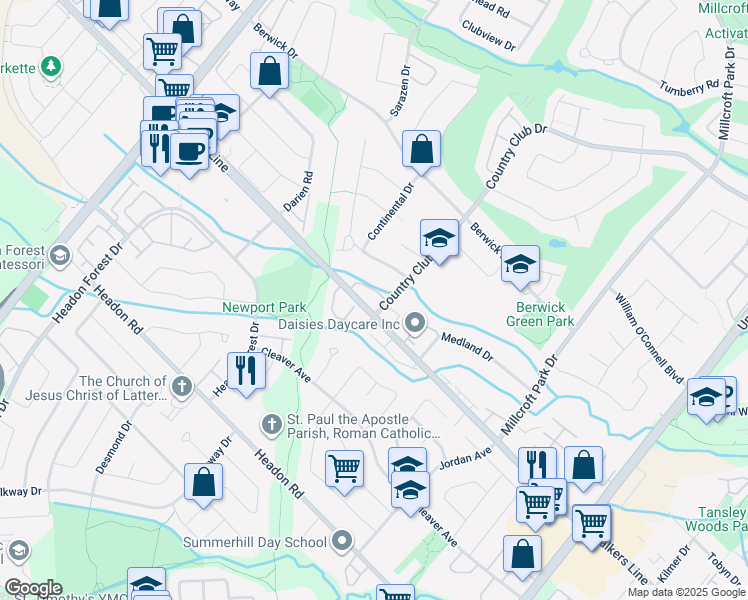 map of restaurants, bars, coffee shops, grocery stores, and more near 2333 Walkers Line in Burlington