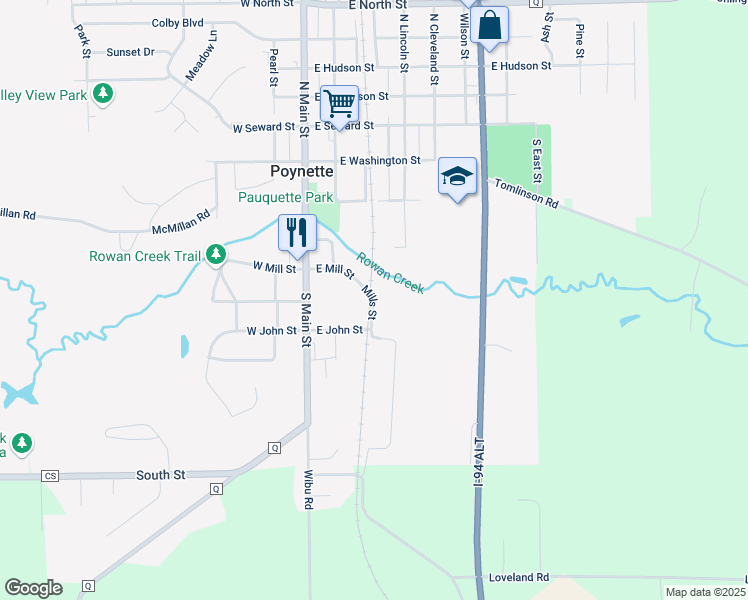 map of restaurants, bars, coffee shops, grocery stores, and more near 307 Mills St in Poynette