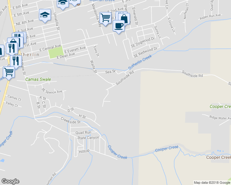 map of restaurants, bars, coffee shops, grocery stores, and more near 655 Valley Vista in Sutherlin