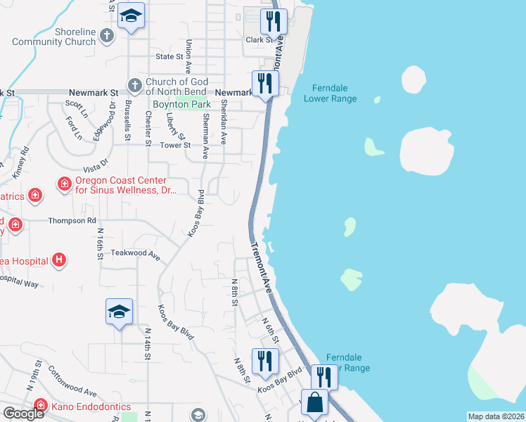 map of restaurants, bars, coffee shops, grocery stores, and more near 2580 North Bayshore Drive in Coos Bay