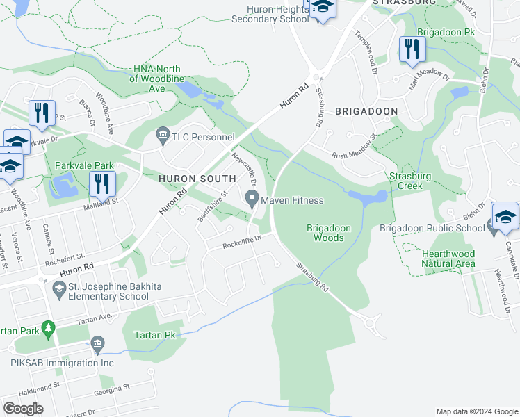 map of restaurants, bars, coffee shops, grocery stores, and more near 119 Newcastle Drive in Kitchener