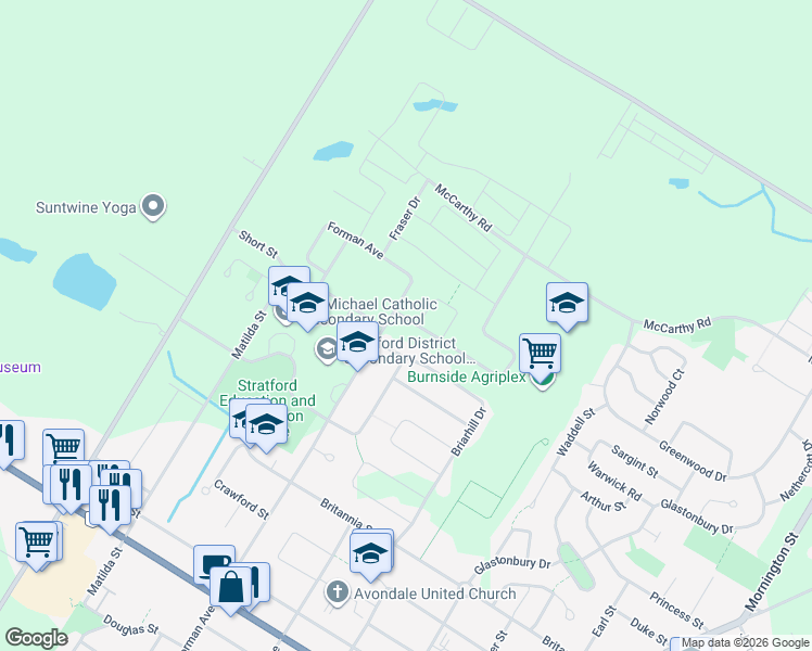 map of restaurants, bars, coffee shops, grocery stores, and more near 344 Briarhill Drive in Stratford
