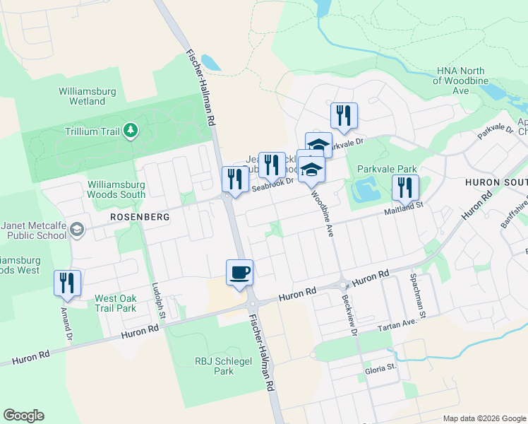 map of restaurants, bars, coffee shops, grocery stores, and more near 222 Sophia Crescent in Kitchener