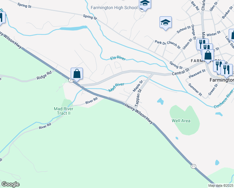 map of restaurants, bars, coffee shops, grocery stores, and more near 39 High Street in Farmington