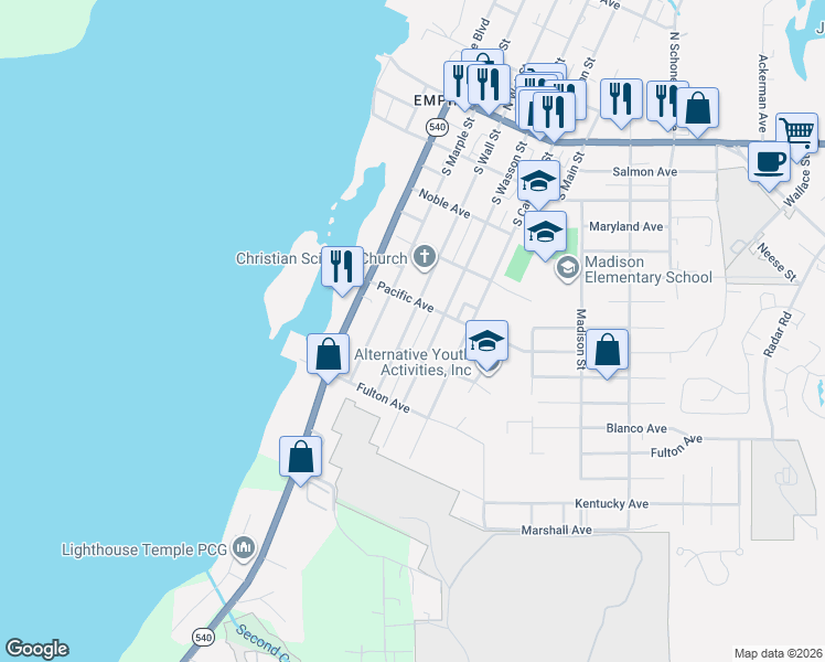 map of restaurants, bars, coffee shops, grocery stores, and more near 559 South Wall Street in Coos Bay