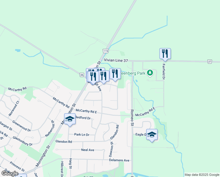 map of restaurants, bars, coffee shops, grocery stores, and more near 24 Mayberry Place in Stratford