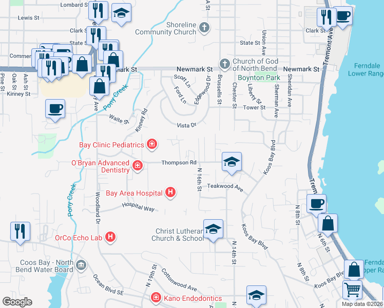 map of restaurants, bars, coffee shops, grocery stores, and more near 2645 North 16th Court in Coos Bay