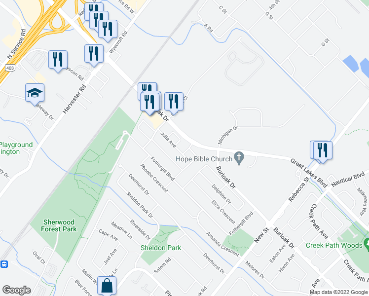 map of restaurants, bars, coffee shops, grocery stores, and more near 5673 Flora Drive in Burlington