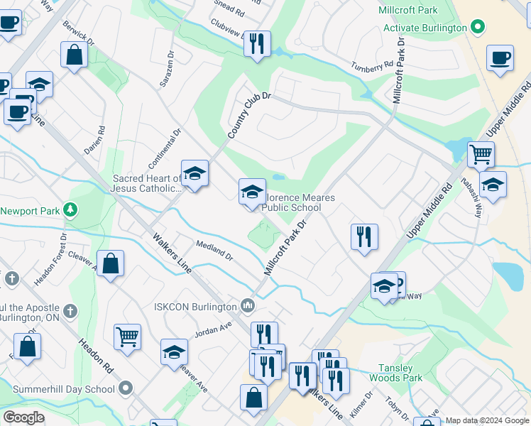map of restaurants, bars, coffee shops, grocery stores, and more near 2103 Berwick Drive in Burlington