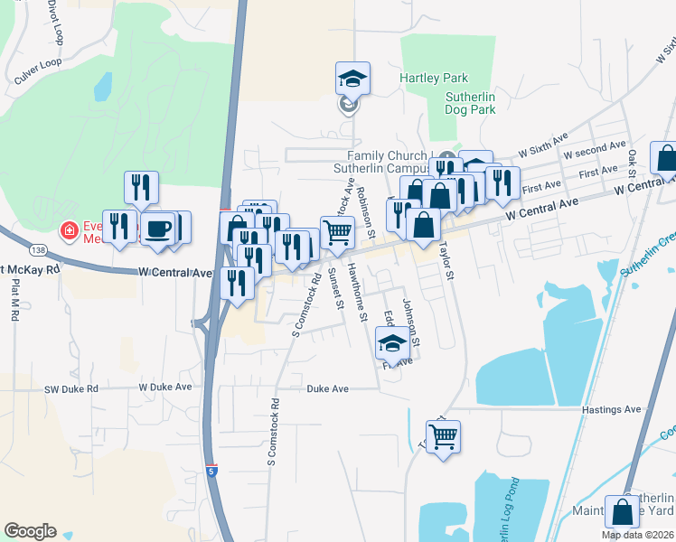 map of restaurants, bars, coffee shops, grocery stores, and more near 146 Hawthorne Street in Sutherlin