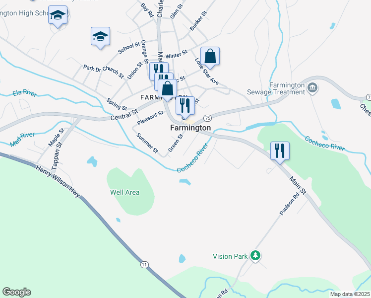 map of restaurants, bars, coffee shops, grocery stores, and more near 20 Water Street in Farmington