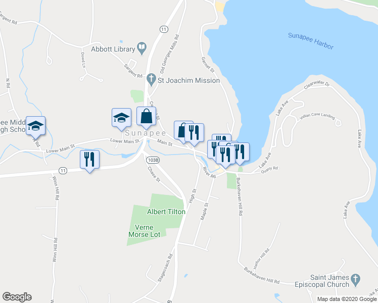 map of restaurants, bars, coffee shops, grocery stores, and more near 38 Main Street in Sunapee