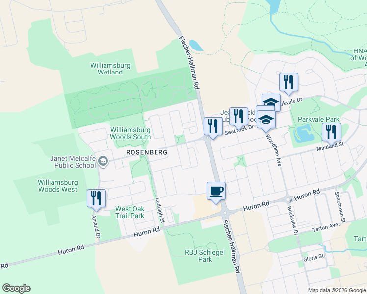 map of restaurants, bars, coffee shops, grocery stores, and more near 183 Seabrook Drive in Kitchener