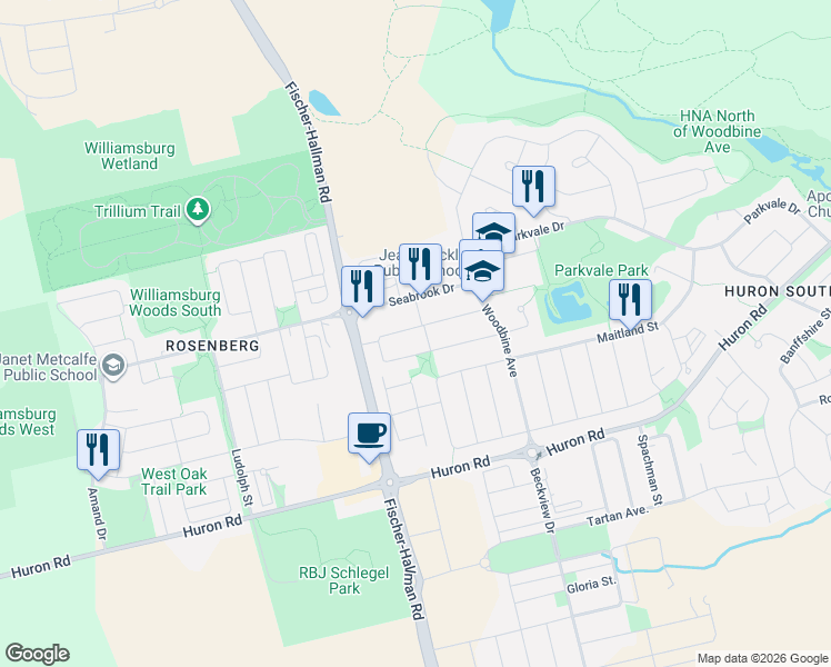 map of restaurants, bars, coffee shops, grocery stores, and more near 230 Sophia Crescent in Kitchener