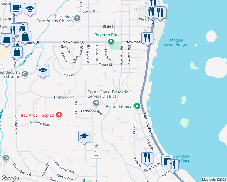 map of restaurants, bars, coffee shops, grocery stores, and more near 2625 Koos Bay Boulevard in Coos Bay