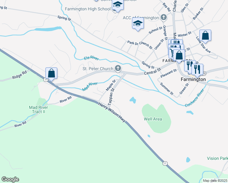 map of restaurants, bars, coffee shops, grocery stores, and more near 43 New Hampshire 75 in Farmington