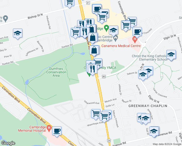 map of restaurants, bars, coffee shops, grocery stores, and more near 256 Hespeler Road in Cambridge