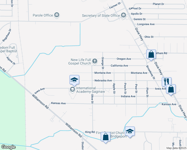 map of restaurants, bars, coffee shops, grocery stores, and more near 2100 Montana Avenue in Saginaw