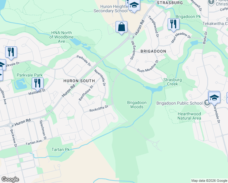 map of restaurants, bars, coffee shops, grocery stores, and more near 2139 Strasburg Road in Kitchener